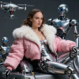 beautiful fantasy character portrait, natalie portman, wearing pink puffy bomber jacket with white fur, robots, seductive reclining pose, futuristic chrome drones, ultra realistic, dramatic lighting, the fifth element artifacts, highly detailed by peter mohrbacher, hajime sorayama, wayne barlowe, boris vallejo, aaron horkey, gaston bussiere, craig mullins