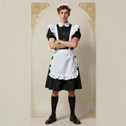 full body painting of grumpy handsome thin beautiful young man in his 2 0 s named min - jun in a french female maid outfit and crossing his arms, modern clothing, elegant, clear, painting, stylized, sharp facial features, pouty, highly detailed, art, art by alphonse mucha