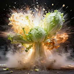 extreme motion blur, cabbage explosion, explosion of cabbage, particles, rayfire, destruction, physics, rtx, long exposure, cabbage particles, smoke, dust, vortices, octane, three point lighting, area lights, volumetric lighting, action shot, slo - mo