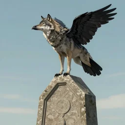 A wolf with the wings and beak of a crow perched on top of a stone obelisk, trending on artstation
