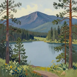 a lake surrounded by pine trees with mountains in the background in the style of Bob Ross