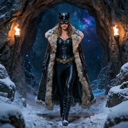 epic muscled Mila Kunis as Catwoman walking out of a deep dark cave, puffy warm wooly clothing,stormy snowy winter, blue fireflies, nebula background, torches, fantasy, intricate, elegant, highly detailed, tasteful art by artgerm and donato giancola and alphonse mucha, WLOP