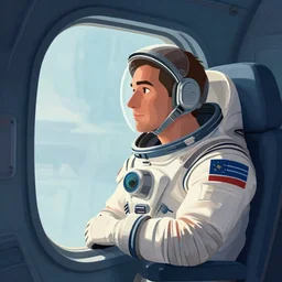 a realistic illustration, digital art of a man looking out the window of a spaceship