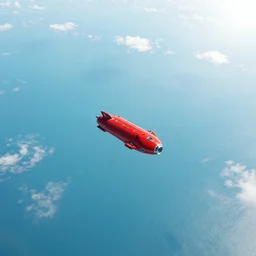 Overhead birdseye satellite view of red spaceship flying above the ocean, the ocean is very bright cyan and light-blue, many scattered whispy white clouds and bright daylight bright sky