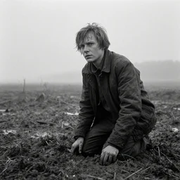 movie still by tarkovsky of herman brood, cinestill 8 0 0 t 3 5 mm b & w, heavy grain, high quality, noir, natural textures, photorealistic, ambient occlusion, hd, mud, fog