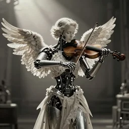 broken wing angel playing a violin, noir film, vintage photo, blurred image, cyborg