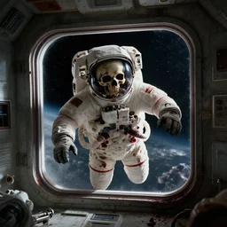 movie film still of a dead astronaut skull floating in zero gravity, spaceship room, grimy, industrial, blood, window into space, science fiction, dark, highly detailed, 4 k, directed by david fincher