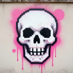 a skull spray painted on a wall with dripping pink spray paint, pixel art