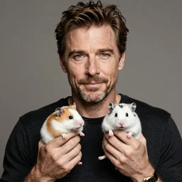 A realistic photo of Willem Defoe holding two hamsters