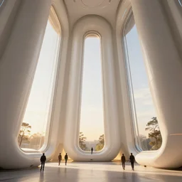 the inside of a very tall monument by tim blandin and arthur haas and bruce pennington and john schoenherr, big pods on the floor, big windows architecture by zaha hadid, octane render, warm colour scheme, white, cinematic, scenery, cgsociety, modernism, futuristic, trending on artstation, sci - fi, high detail, high quality, close up angle, people walking
