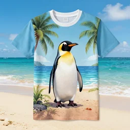 hawaiian t - shirt on a penguin on a beach, cool color palette