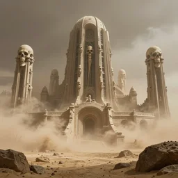 mos eisley spaceport in a dust storm with skeletal temple buildings designed by hr giger, hyper realistic octane render, hd, cinematic, george lucas