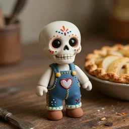 an adorable simple ball jointed puerto rican vejigante skull doll lovingly crafted from porcelain glass on a toy workbench, beside a fresh from the oven apple pie, wearing little hand stitched overalls with love in every stitch, worms eye view, macro camera lens, cinematic, focus