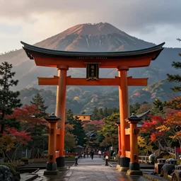 a gaint traditional Japanese Torii in a colorful moutain with trees ,morning , by Grzegorz Rutkowski, concept art