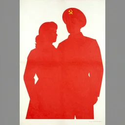 soviet propaganda poster, minimalistic style, red painting, with man and woman together