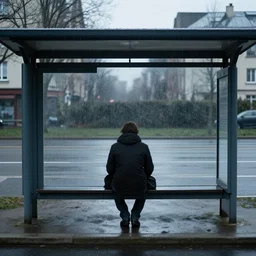 lonely man waiting at the bus stop on moody weather, philippe halaburda
