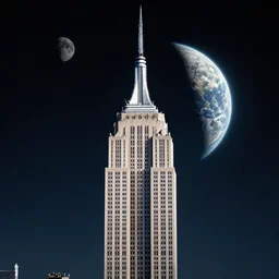 The empire state building on the moon, dark atmosphere, high exposure image of earth in the sky