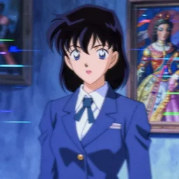 blurry and dreamy screencap of a realistic character from 9 0 s satoshi kon anime, woman in a dress suit with tie, character design by yoshitaka amano, glitchy vhs tape, abstract patterns in the background, perfect blue color palette, noisy film grain effect, blurry image, renessaince oil painting