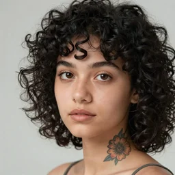 portrait of a young lady with curly black hair with tattoo of a flower on her neck, round face, big brown eyes, picture, hyperrealistic, focused, hyper realistic, ultra detailed, octane render, volumetric lighting, 8 k post - production