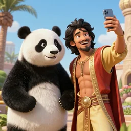 panda and aladdin taking a selfie