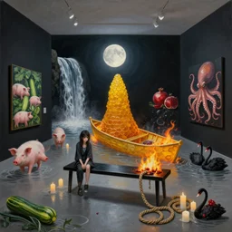 painting of a flooded art gallery, black bench seat, a tall emo girl, honeycomb sculpture, moonlight, a burning canoe and knotted hemp rope, many candles, art gallery interior with black walls, pigs, courgette, waterfall, pomegranates, octopus, zen, black swans, berries, surrealist, by magritte and monet