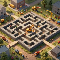 wimmelbilder maze made of cartoon construction site, octane render, isometric, very sharp
