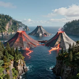 geometric volcanoes melting into ocean forest cliffs in space by android jones, alex grey, chris dyer, aaron brooks,