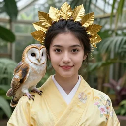 portrait photograph of an extremely beautiful!!!! young female, symmetric face!, symmetric round detailed eyes!!, slight smile, natural light, wearing a yellow kimono!! with a very beautiful detailed barn owl!!!!!! on her shoulder!! in a tropical greenhouse. looking at the camera!!. golden crown made of golden leaves. super resolution. extremely detailed. graflex camera!, bokeh!!!!! trending on artstation.