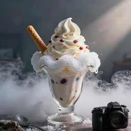 gigantic epic ice - cream sundae overflowing dry ice mist taken with dslr atmospheric