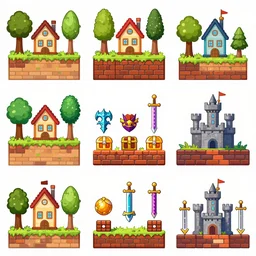 Nine separated HD, 8k, antialized, props containing trees, houses, box, treasures, bricks, castle, swords, and magic weapons from a game asset concept by Jen Zee, Rossdraws, James Jean, 2d side scrolling game , trending on artstation , assets