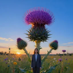big thistle flower head, a girl in suit in field of flowers, surreal photography, sunrise, blue sky, dramatic light, impressionist painting, digital painting, artstation, simon stalenhag