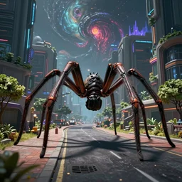 a beautiful high - quality photo of a humongous spider walking through a solarpunk city, roads, pavements, trees, cosmic horror, unknowable, volumetric lighting, hyperrealistic, very detailed, 8 k