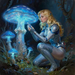 A mixed media portrait painting of a beautiful blonde biologist woman, nanosuit leotard and boots, examining a giant blue glowing mushroom in a mire, detailed Aesthetic! face and eyes, slavic, by Beeple, Frank Frazetta, Greg Rutkowski, Christian MacNevin, Boris Vallejo, epic fantasy character art, high fantasy, CGsociety, exquisite detail, post-processing, masterpiece, cinematic, crysis