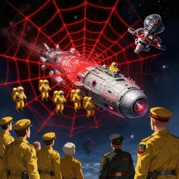 digital art of a giant red space web swallowing a spaceship full of yellow space nazis and space stalinists while anime characters look on, award winning, art station, 4 k art, detailed, amazing
