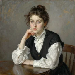 a young beautiful lady is sitting at the table, in style of Valentin Serov,