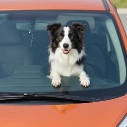 border collie dog behind the windshield of an orange nissan note, paws on wheel, car moving fast, rally driving photo, award winning photo, golden hour,