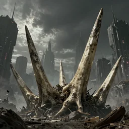 giant thick bone Spikes grow angular out of the ground in a gothic medieval cyberpunk city, debris flying around, the feeling of grimdark terror and pain, high quality, detailed, 8k, unreal engine, octane render, trending on artstation