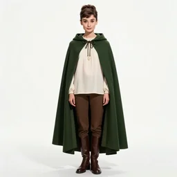 a beautiful woman, beauty, looks like Audrey Hepburn, bard, brown hair, messy hairstyle, bangs, cream colored peasant shirt, brown pants, leather boots, dark green cloak, round hood, elf ears, youthful, white background, proportionate, by j.c. leyendecker and Greg Rutkowski, trending on artstation, realistic, highly detailed, masterpiece
