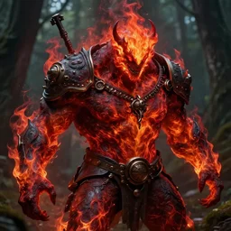 picture of a dark fantasy fire monster, burly, black and red fire, finesse, key visual, realistic shaded perfect face, fire, steampunk, fine details, forest background, smooth, highly detailed, digital illustration, by artgerm, rossdraws, frank franzzeta