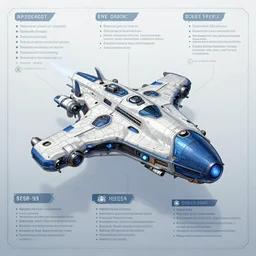 detailed infographic blueprint of a messenger spaceship in the style of eve online