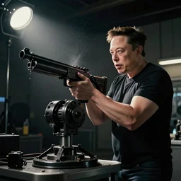 elon musk building a machine gun and he is working very hard he's sweating in the room there's only one more light great photography