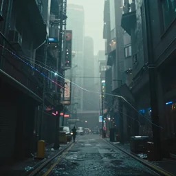 a few thin streams of multi-colored glitter flow in a light breeze above the narrow streets of a cyberpunk city