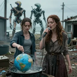 she makes the deep boil. dark fantasy story about two casually - dressed women in a dirty seaside town, a globster, and a beautiful song. color cinematic still from an action - packed 2 0 1 1 mechanizing!! hybridizing alien - robot invasion science - fiction blockbuster movie ; highly - detailed.