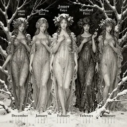 goddesses symbolizing the months of december, january and february, style mix of æon flux, shepard fairey, botticelli, john singer sargent, pre - raphaelite, shoujo manga, branches, snow, ice, dark muted colors, superfine ink detail, ethereal, 4 k photorealistic, arnold render