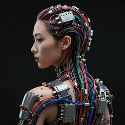 beauty woman made of electrical wiring, red, black, green, blue wires, , very detailed, dramatic lighting, mechanical details, back facing, electrical details, high details, 4k, 8k, trending on artstation, by Hajime Sorayama and Boris Vallejo