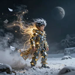 streams of smoke and snow swirl around a young boy wearing clothes made of computer chips, swirling flashes of gold and silver light, wind - blown sheets, cinematic lighting, fantasy painting, distant planet