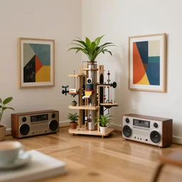 tilt shift focus, miniature 1 9 6 0 s interior design by gaudi, rube goldberg machine, carniverous house plants, hi - fi stereo with speakers, modern furniture, bold modern abex art, mid century, minimal