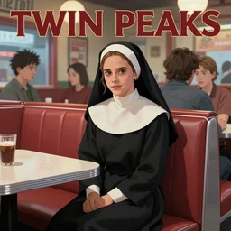 Twin Peaks poster artwork by Olly Moss, James Northfield, Charles Hallo, Kerne Erickson, Michael Whelan and Tomer Hanuka, Rendering of Emma Watson dressed a nun sitting at a diner booth, full of details, by Makoto Shinkai and thomas kinkade, Matte painting, trending on artstation and unreal engine
