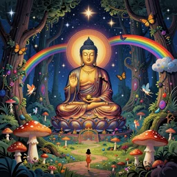 buddha, sacred sanctuary, enchanted cosmic forest, mushrooms on the ground, small fairies, stars in the sky, butterflies, rainbows, psychedelic, wide angle shot, vector art, optical illusion, heavenly, high contrast 4 k, fantasy poster by helen huang and frank frazetta and salvador dali