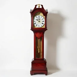 ruby red grandfather clock, studio product photography, isolated on a pure white background, centered, entire object in frame, sharp focus, soft studio lighting